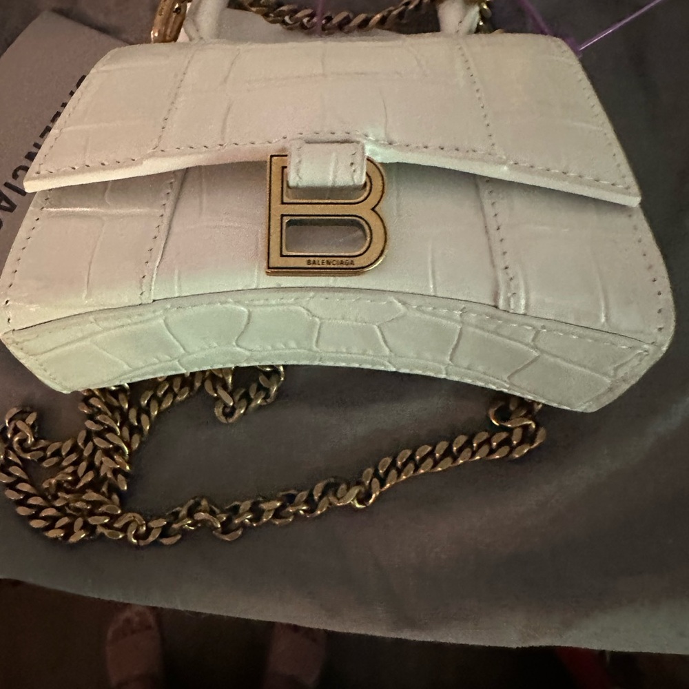 Balenciaga White Hourglass Croc-Embossed Mini Top-Handle Bag with Gold Chain - Picture 5 of 7